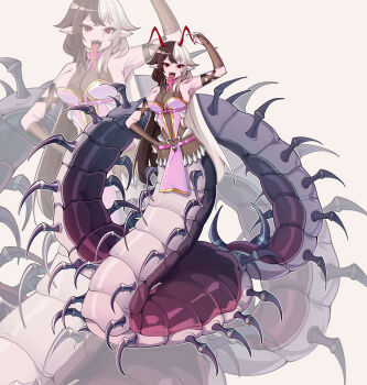1girl abdomen_tail absurdres antennae arm_up arthropod_girl arthropod_limbs black_hair breasts bridal_gauntlets bug carapace centipede centipede_girl cleavage commentary_request extra_legs full_body groin hand_on_own_hip highres large_breasts long_hair long_tongue looking_at_viewer monster_girl monsterification multicolored_hair multiple_legs open_mouth original pelvic_curtain pointy_ears projected_inset see-through_clothes sharp_teeth shi_huaan_ling_feeng smile solo taur teeth tongue two-tone_hair white_background white_hair