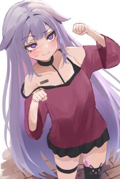 1girl :3 barcode barcode_tattoo black_choker black_skirt black_thighhighs blush bra_strap center-flap_bangs choker colored_inner_hair controller cowboy_shot dutch_angle hair_flaps hashtag-only_commentary highres hololive hololive_english koseki_bijou long_hair long_sleeves looking_ahead lucien_000298 miniskirt multicolored_hair off-shoulder_shirt off_shoulder paw_pose pink_hair purple_eyes purple_hair red_shirt remote_control remote_control_vibrator sex_toy shirt sidelocks sketch skindentation skirt solo standing sweat tattoo thigh_strap thighhighs very_long_hair vibrator vibrator_cord vibrator_under_clothes virtual_youtuber white_background wide_sleeves