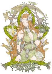 Rule 34 | 1girl, absurdres, bare shoulders, bracelet, branch, breasts, circlet, cleavage, cleavage cutout, closed eyes, clothing cutout, cropped torso, detached sleeves, dress, facing viewer, feathers, final fantasy, final fantasy xiv, green dress, hair ornament, highres, holding, holding plant, jewelry, leaf, leaf hair ornament, lege bushi shiwu, long hair, nophica, orange hair, plant, scythe, sleeveless, sleeveless dress, smile, solo, upper body, wavy hair, wheat, wreath