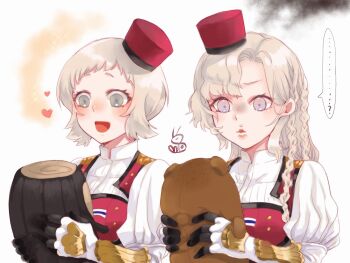 Rule 34 | ..., ...?, 2girls, blonde hair, blue eyes, blush, bokukawauso, braid, commentary request, eidsvold (kancolle), gloves, hat, heart, highres, holding, holding stuffed toy, kantai collection, long hair, mini hat, multiple girls, norge (kancolle), oeoeuhoho, open mouth, puckered lips, purple eyes, red hat, short hair, side braid, simple background, smoke, sparkle, spoken ellipsis, stuffed animal, stuffed toy, upper body, white background