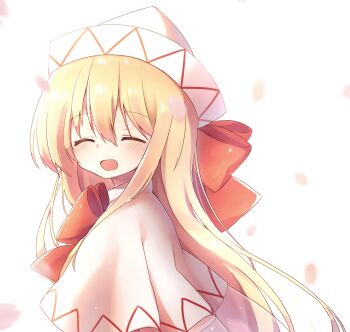 1girl ^_^ blonde_hair blush bow bowtie capelet cherry_blossoms closed_eyes commentary facing_to_the_side facing_viewer falling_petals hat highres lily_white long_hair petals pudding_(skymint_028) red_bow red_bowtie smile solo straight_hair touhou upper_body very_long_hair white_capelet white_hat