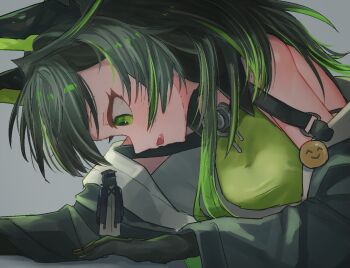 Rule 34 | 1girl, 1other, ambiguous gender, arknights, black coat, black hair, black jacket, coat, commentary request, doctor (arknights), dress, giant, giantess, green dress, green eyes, green hair, hood, hood up, hooded coat, iguana152588, jacket, long sleeves, mon3tr (arknights), multicolored hair, open mouth, sleeveless, sleeveless dress