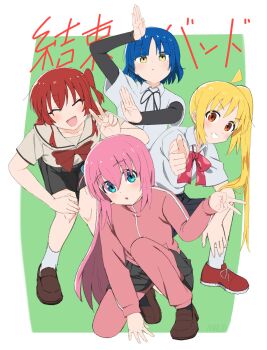 4girls :d :o ^_^ absurdres akssus arm_on_knee bad_tag black_ribbon blonde_hair blue_eyes blue_hair bocchi_the_rock! border bow bowtie brown_sailor_collar brown_shirt brown_shoes choppy_bangs closed_eyes closed_mouth collared_shirt commentary dot_nose english_commentary gotoh_hitori green_background grey_skirt group_picture hair_between_eyes hand_up highres ijichi_nijika jacket kessoku_band kita_ikuyo knees_together_feet_apart layered_sleeves loafers long_bangs long_hair long_sleeves looking_at_viewer multiple_girls neck_ribbon on_one_knee one_side_up open_mouth outside_border pants parted_bangs parted_lips pink_hair pink_jacket pink_pants pleated_skirt polka_dot polka_dot_bow polka_dot_bowtie red_bow red_bowtie red_eyes red_hair red_shoes ribbon sailor_collar school_uniform serafuku shimokitazawa_high_school_uniform shirt shoes short_hair short_over_long_sleeves short_sleeves shuka_high_school_uniform side_ponytail simple_background skirt smile socks straight_hair thumbs_up track_jacket track_pants translation_request undershirt v v-shaped_eyebrows very_long_hair white_border white_shirt white_socks wing_collar yamada_ryo yellow_eyes