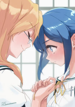 2girls blonde_hair blue_eyes blue_hair blush chibana_sumika closed_eyes closed_mouth commentary_request cross glasses highres latin_cross liebe_girls_academy_school_uniform long_hair looking_at_another mamiya_kanoko multiple_girls neck_ribbon ribbon sailor_collar school_uniform shirt sidelocks smile summer_uniform tearing_up twitter_username upper_body wakuwakupowerup watashi_no_yuri_wa_oshigoto_desu! white_sailor_collar white_shirt yellow_ribbon yuri