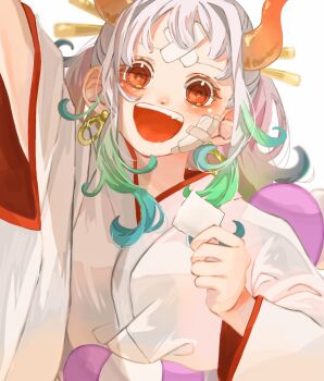 1girl arm_up bandaid bandaid_on_face blue_hair commentary_request earrings highres holding holding_paper horns japanese_clothes jewelry kimono looking_at_viewer making-of_available one_piece open_mouth orange_eyes paper rope shimenawa sidelocks simple_background solo teeth u_mi031 upper_body upper_teeth_only white_background white_hair white_kimono yamato_(one_piece)