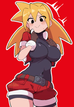 1girl absurdres azur_lane black_bodysuit black_eyes blonde_hair blush bodysuit breasts brown_gloves buzzlyears commentary covered_collarbone covered_erect_nipples covered_navel cowboy_shot cropped_jacket gloves highres jacket looking_at_viewer medium_hair mega_man_(series) mega_man_legends_(series) open_clothes open_jacket red_background red_jacket red_shorts roll_caskett_(mega_man) shorts simple_background skin_tight solo sweat