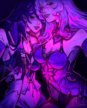 Rule 34 | 2girls, acheron (honkai: star rail), arm around shoulder, bare shoulders, black swan (honkai: star rail), breasts, chain, chain around arm, cleavage, commentary, commission, dress, earrings, english commentary, gloves, hair between eyes, highres, honkai: star rail, honkai (series), jewelry, large breasts, long hair, monochrome, multiple girls, navel, open clothes, purple lightning, san less, single earring, very long hair, yuri