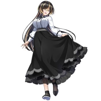 1girl amadea_wolfa black_dress black_hair blonde_streaks breasts casual curtsey dolphin_wave dress game_cg highres large_breasts long_hair long_sleeves looking_at_viewer nail_polish non-web_source official_art ootomo_takuji open_mouth smile solo striped_hair transparent_background yellow_eyes
