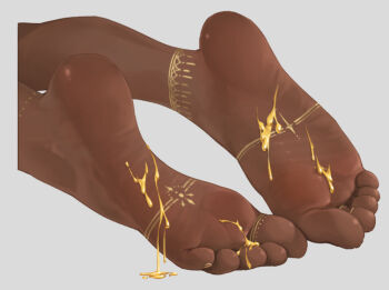 1girl barefoot close-up dark-skinned_female dark_skin feet foot_focus gold grey_background honey jewelry liang_mu nail_polish simple_background soles solo toe_ring toenails toes