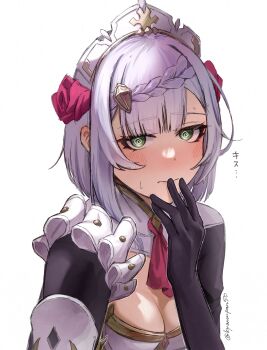 1girl @_@ absurdres black_gloves blush breasts cleavage flower genshin_impact gloves green_eyes grey_hair hair_flower hair_ornament hand_to_own_mouth headdress highres kyanonpan50 looking_at_viewer medium_breasts medium_hair noelle_(genshin_impact) pink_flower rose shield_hair_ornament simple_background solo upper_body white_background white_headdress