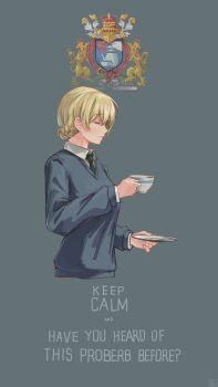 1girl absurdres black_necktie blonde_hair blue_sweater braid catchphrase closed_eyes closed_mouth commentary cropped_torso cup darjeeling_(girls_und_panzer) dated dress_shirt emblem english_text engrish_text female_focus girls_und_panzer grey_background heraldry highres holding holding_cup holding_saucer keep_calm_and_carry_on latin_text long_sleeves necktie ranguage saucer school_uniform shirt short_hair simple_background smile solo st._gloriana&#039;s_(emblem) st._gloriana&#039;s_school_uniform sweater teacup twin_braids useless_(gss44344) v-neck white_shirt wing_collar