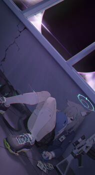 1girl absurdres abydos_high_school_logo animal_ears assault_rifle bandage_over_one_eye bandaged_leg bandages black_skirt blazer blood blood_stain blue_archive blue_eyes blue_halo blue_jacket commentary commentary_request cross_hair_ornament full_body gun hair_ornament halo hand_up highres holding holding_id_card id_card indoors injury jacket kneehighs knees_together_feet_apart long_hair medium_hair miniskirt on_floor open_clothes open_jacket plaid_clothes plaid_skirt pleated_skirt rifle sad samgong school_uniform shiroko_terror_(blue_archive) shirt skirt socks solo stuffed_whale torn_clothes torn_jacket weapon white_shirt