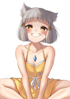 1girl animal_ear_fluff animal_ears bare_legs bare_shoulders blush breasts cat_ears cat_girl core_crystal_(xenoblade) female_focus grey_hair hakusai_(hksicabb) highres looking_at_viewer nia_(fancy_sundress)_(xenoblade) nia_(xenoblade) small_breasts smile solo white_background xenoblade_chronicles_(series) xenoblade_chronicles_2 yellow_eyes