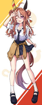 Rule 34 | 1girl, ;d, absurdres, ahoge, alternate costume, animal ears, black necktie, black shoes, black skirt, breasts, brown cardigan, brown hair, cardigan, cardigan around waist, cleavage, clothes around waist, collared shirt, copano rickey (umamusume), double bun, ear covers, fang, full body, gyaru, hair between eyes, hair bun, highres, horse ears, horse girl, horse tail, jewelry, kogal, loafers, long hair, looking at viewer, medium breasts, multicolored hair, necklace, necktie, one eye closed, open mouth, pleated skirt, purple eyes, school uniform, shirt, shirt tucked in, shoes, skin fang, skirt, sleeves rolled up, smile, solo, streaked hair, tail, tiara (871220), umamusume, v, white hair, white shirt