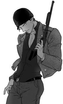 1boy akai_shuuichi belt commentary_request cowboy_shot denim finger_on_trigger furrowed_brow greyscale gun hand_in_pocket hat highres holding holding_gun holding_weapon jacket jeans male_focus meitantei_conan monochrome pants shotgun skyfiss solo weapon