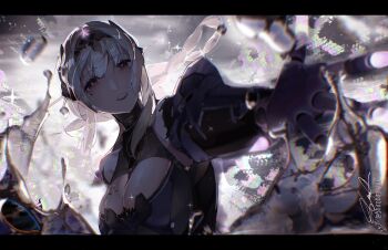 Rule 34 | 1girl, bare shoulders, bianca: stigmata (pgr), bianca (pgr), braid, breasts, chromatic aberration, cleavage, commentary, english commentary, grey hair, headgear, highres, hiro henuri, letterboxed, long hair, mechanical arms, mechanical hands, medium breasts, mole, mole under eye, offering hand, parted lips, punishing: gray raven, purple eyes, signature, solo, twitter username