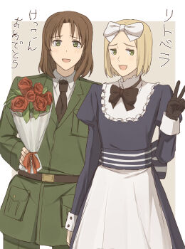 2boys apron axis_powers_hetalia back_bow belarus_(hetalia) belarus_(hetalia)_(cosplay) belt black_bow black_bowtie black_gloves black_necktie blonde_hair blue_dress blush border bouquet bow bowtie breast_pocket brown_belt brown_hair buttons collared_shirt commentary_request cosplay cowboy_shot crossdressing crossdressing_(mtf) dress flower gloves green_eyes green_jacket green_pants grey_background hair_bow hand_up highres holding holding_bouquet jacket juliet_sleeves lapels leaf lithuania_(hetalia) long_sleeves looking_afar looking_at_viewer male_focus military military_jacket military_uniform multiple_boys necktie open_mouth outside_border pants pocket poland_(hetalia) puffy_sleeves red_bow red_flower red_rose rose shirt short_hair simple_background smile standing striped_bow tearing_up tongue translation_request v waist_apron white_apron white_border white_bow white_shirt ymgr64