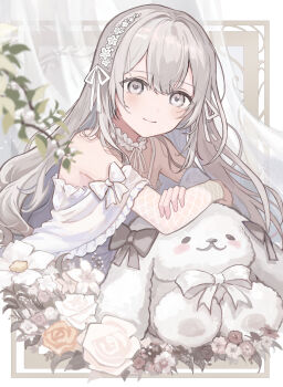 1girl bare_shoulders bow bowtie closed_mouth commentary_request double-parted_bangs dress flower grey_eyes grey_hair hair_between_eyes hair_ribbon highres long_hair long_sleeves looking_at_viewer off-shoulder_dress off_shoulder original ribbon rose smile solo stuffed_animal stuffed_rabbit stuffed_toy touchika upper_body white_bow white_bowtie white_dress white_flower white_ribbon yellow_flower yellow_rose