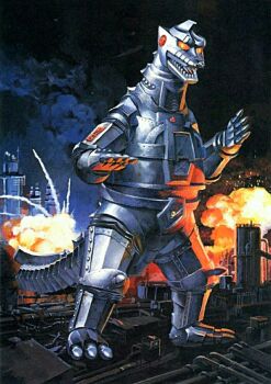 Rule 34 | alien, embers, epic, explosion, fire, glowing, glowing eyes, godzilla (series), godzilla vs. mechagodzilla, kaida yuji, kaiju, mecha, mechagodzilla, military, missile, night, no humans, oil refinery, robot, smoke, sparks, tail, toho, weapon