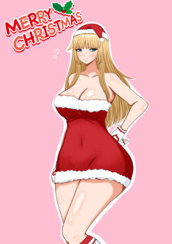 1girl blonde_hair blue_eyes boots breasts christmas cleavage dress emilie_de_rochefort fingerless_gloves gloves hat heart highres large_breasts long_hair looking_to_the_side merry_christmas oekaki_gambarimasu pink_background santa_costume santa_dress santa_hat short_dress tekken wide_hips