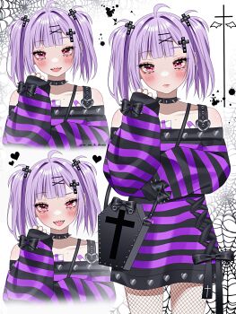 1girl absurdres ahoge arm_up artist_name bag bandaid_on_chest bare_shoulders black_bag black_bow black_dress black_ribbon blush bow choker closed_mouth collarbone commentary cowboy_shot cross cross_hair_ornament dress eyelashes fishnets hair_intakes hair_ornament heart heart_belt_buckle highres long_sleeves looking_at_viewer mole mole_on_collarbone multiple_expressions multiple_views off-shoulder_dress off_shoulder open_mouth original purple_dress purple_hair red_eyes ribbon sharp_teeth short_hair shoulder_bag silk sleeves_past_wrists smile solo spider_web spiked_bow spiked_choker spikes splotch striped_clothes striped_dress symbol-only_commentary teeth tongue tongue_out twintails wanko_(yurika0320) white_background x_hair_ornament