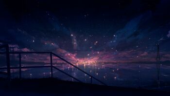 city_lights commentary_request hati_98 highres night no_humans ocean original railing scenery sky skyline star_(sky) starry_sky transmission_tower