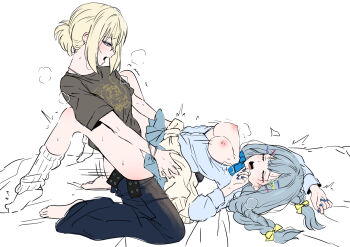 1futa 1girl arched_back bang_dream! bang_dream!_it's_mygo!!!!! barefoot black_shirt blonde_hair blue_nails blue_pants blue_shirt blue_skirt blush bracelet braid closed_eyes commentary dress_shirt futa_with_female futanari highres jewelry leg_warmers miomujica misumi_uika multiple_girls nail_polish no_shoes open_clothes open_mouth open_shirt pants partially_unbuttoned purple_eyes sex shirt simple_background skirt socks togawa_sakiko twin_braids untranslatable_commentary white_background white_leg_warmers white_socks yuri