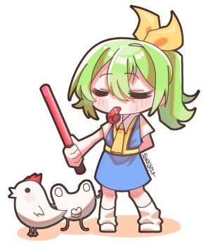 Rule 34 | 1girl, = =, arm behind back, bird, blowing whistle, blue skirt, blue vest, boots, bow, chicken, closed eyes, collared shirt, commentary, cookie (touhou), daiyousei, diyusi (cookie), full body, green hair, hair bow, hide (acceed), high-visibility clothing, high-visibility vest, high ponytail, highres, manatsu no yo no inmu, medium hair, ponytail, qrteg87yhl16571, shirt, simple background, skirt, skirt set, solo, standing, symbol-only commentary, the chicken that appears in the middle of cookie, touhou, traffic baton, vest, white background, white boots, white shirt, yellow bow