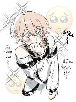 1girl bare_shoulders blonde_hair blush commentary dot_nose dress emoji green_eyes hair_between_eyes hand_on_own_face highres kusunoki_muu long_sleeves looking_at_viewer milgram parted_lips short_hair solo sparkle sparkling_aura thai_text translation_request unholymilk upper_body white_background white_dress wolf_cut