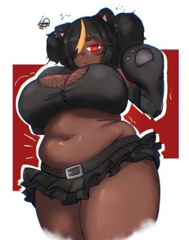 1girl animal_ears bear_ears bear_girl belly belt biligbilig black_hair black_shirt black_skirt black_sleeves blonde_hair breasts charlotte_bear cleavage crop_top dark-skinned_female dark_skin detached_sleeves earrings fishnet_top fishnets glowing glowing_eyes hair_over_one_eye highres huge_breasts indie_virtual_youtuber jewelry large_breasts midriff miniskirt muffin_top multicolored_hair navel one_eye_covered paw_sleeves plump red_eyes shirt short_hair skirt sleeveless sleeveless_shirt solo squiggle standing streaked_hair thick_thighs thighs twintails virtual_youtuber white_background