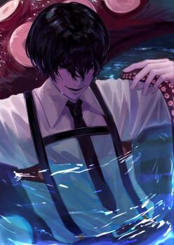 1boy black_eyes black_hair black_necktie chainsaw_man collared_shirt hair_between_eyes highres male_focus necktie ong_full partially_submerged shirt short_hair solo suspenders tentacles water wet wet_hair white_shirt yoshida_hirofumi