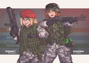Rule 34 | 2girls, beret, black mesa, camouflage, camouflage jacket, camouflage pants, gas mask, grenade launcher, gun, h&amp;k mp5, half-life, half-life (series), half-life 1, hat, hecu marine, helmet, highres, jacket, localspaghetto, mask, military, military uniform, multiple girls, original, pants, pump action, red hat, shotgun, soldier, spas-12, submachine gun, underbarrel grenade launcher, urban camouflage, weapon, woodland camouflage