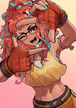Rule 34 | 1girl, aqua hair, armband, bandaged hand, bandages, bare shoulders, boxing shorts, bra, breasts, brown hair, commentary request, crop top, fatal fury, fatal fury: city of the wolves, female focus, glasses, gradient background, green nails, hair ornament, hair tie, hairclip, highres, long hair, looking at viewer, medium breasts, midriff, multicolored hair, multicolored nails, navel, one eye closed, open mouth, orange shorts, pink nails, preecha (fatal fury), red hair, ryo yo shi, shirt, shorts, smile, snk, solo, streaked hair, underwear, upper body, wavy hair, white bra, yellow shirt