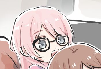 2girls bang_dream! bang_dream!_it&#039;s_mygo!!!!! brown_hair chihaya_anon commentary fang glasses grey_eyes highres imminent_bite long_hair lyy multiple_girls nagasaki_soyo open_mouth pink_hair symbol-only_commentary teeth yuri