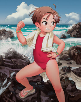 1girl blush bracelet brown_eyes brown_hair cloud collarbone fang flat_chest flexing flip-flops gakuen_utopia_manabi_straight! grin hair_ornament hand_on_own_hip highres idfer jewelry ocean one-piece_swimsuit red_one-piece_swimsuit rock sandals short_hair sky smile standing sweat swimsuit teeth towel towel_around_neck uehara_mutsuki watch water waves wristwatch x_hair_ornament