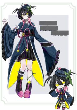 1girl absurdres ahoge black_skirt blue_dress boots chibi chibi_inset commentary_request dress hat head_tilt highres looking_at_viewer multiple_views n_neko_mizu original platform_boots skirt two_side_up waistband wide_sleeves yellow_eyes