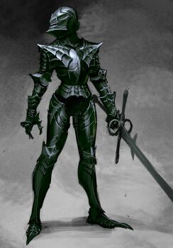 1girl armor berserker_armor commentary covered_face english_commentary full_armor full_body grey_background helmet highres holding holding_sword holding_weapon looking_to_the_side miura_kentarou_(style) original shoulder_spikes spikes standing sword vile_domple weapon