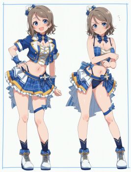1girl absurdres ai-generated blue_eyes blue_panties breasts brown_hair checkered_clothes checkered_skirt cleavage highres love_live! love_live!_sunshine!! panties skirt underwear watanabe_you