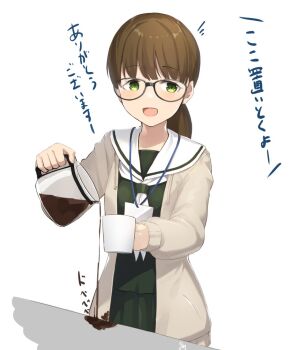 1girl :d beige_cardigan blunt_bangs brown_hair c2-chan c2_kikan cardigan coffee coffee_pot cowboy_shot cup dress failure glasses green_eyes id_card low_ponytail meth_(emethmeth) mug open_mouth ponytail pouring sailor_collar sailor_dress smile spilling stained_clothes white_neckwear