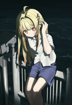 1girl absurdres ahoge blonde_hair blue_shorts collared_shirt commentary english_commentary fortissimo hair_ornament highres hololive long_hair looking_at_viewer musical_note musical_note_hair_ornament night ocean otonose_kanade red_eyes selopangji shirt shorts smile solo tower_viewer tucking_hair virtual_youtuber white_shirt