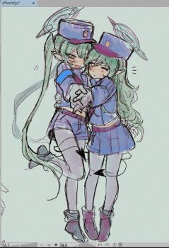 2girls armband art_program_in_frame art_program_request black_tail blue_archive blue_armband blue_hat blue_jacket blue_shorts blue_skirt boots demon_tail fluffy_hair gloves green_hair green_halo halo hat hikari_(blue_archive) holding_hands interlocked_fingers jacket long_hair long_sleeves midriff_peek multiple_girls nozomi_(blue_archive) one_eye_closed pantyhose pantyhose_under_shorts pleated_skirt shako_cap shorts siblings simple_background sisters skirt standing standing_on_one_leg starmortons tail tango twins twintails very_long_hair white_background white_gloves white_pantyhose window_(computing) yellow_eyes