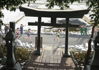 5boys 5girls black_hair day multiple_boys multiple_girls original otsu_natsu outdoors ponytail rice_paddy running scenery short_shorts shorts shrine snow sportswear torii track_and_field track_suit