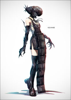 1girl apron black_apron black_gloves bomb bomb_devil_(chainsaw_man) chainsaw_man collared_shirt dynamite elbow_gloves explosive facing_to_the_side gloves k-suwabe object_head sharp_teeth shirt solo teeth white_shirt