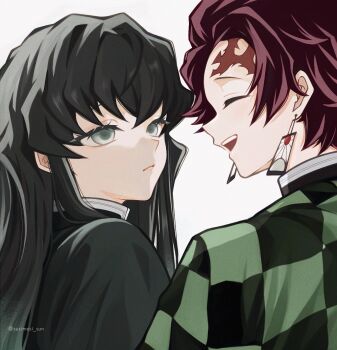 2boys aqua_eyes black_hair checkered_haori closed_eyes earrings empty_eyes from_behind hanafuda_earrings haori highres japanese_clothes jewelry kamado_tanjirou kimetsu_no_yaiba long_hair male_focus multiple_boys open_mouth red_hair short_hair simple_background smile susimesi_sun teeth tokitou_muichirou twitter_username upper_body upper_teeth_only white_background