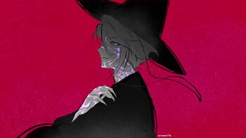 1boy absurdres artist_name black_hat black_robe blue_eyes closed_mouth facial_mark from_side hashtag-only_commentary hat highres kpop_demon_hunters looking_at_viewer male_focus nijisanji nijisanji_en nrnmarie red_background robe short_hair simple_background smirk solo upper_body virtual_youtuber yu_q._wilson