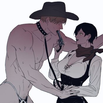 1boy 1girl aaamber_22 absurdres ada_wong animal_print black_hair blonde_hair blue_eyes blush breasts closed_mouth collar collared_shirt cow_print cowboy_hat gun_in_mouth hat hetero highres holding holding_another's_wrist holding_leash kabedon leash leon_s._kennedy long_sleeves male_underwear medium_breasts muscular muscular_male neckerchief parted_lips print_male_underwear pubic_hair red_neckerchief resident_evil shirt short_hair smile spiked_collar spikes sweat topless_male underbust underwear upper_body white_background white_shirt yellow_eyes