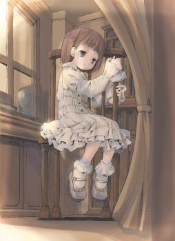 1girl absurdres bobby_socks brown_hair chair dress expressionless flat_chest frilled_dress frills full_body grey_eyes highres indoors mary_janes original pop_(electromagneticwave) shoes short_hair sitting socks solo