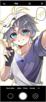 1boy black_gloves blue_eyes blush commentary english_commentary fingerless_gloves gloves grey_hair grey_shirt honkai:_star_rail honkai_(series) looking_at_viewer luosaihuer male_focus phainon_(a_dream_scented_in_wheat)_(honkai:_star_rail) phainon_(honkai:_star_rail) selfie shirt speech_bubble spoken_sparkle v white_background