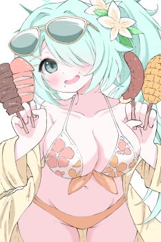 1girl :d absurdres between_fingers bikini blue_archive blush breasts brown-framed_eyewear brown_jacket chocolate-covered_food chocolate_banana cleavage commentary_request eyewear_on_head floral_print flower food food_on_face green_eyes green_hair groin hair_flower hair_intakes hair_ornament hair_over_one_eye halo highres hiyori_(blue_archive) hiyori_(swimsuit)_(blue_archive) holding holding_food ikayaki jacket large_breasts leaning_forward long_hair looking_at_viewer navel norippe_(user_zgsf8872) off_shoulder open_clothes open_jacket open_mouth orange_bikini ponytail print_bikini simple_background smile solo sunglasses swimsuit very_long_hair white_background white_bikini white_flower
