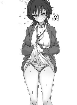 1girl blazer blue_archive breasts cleavage clothes_lift collarbone commentary_request crotch_seam diagonal-striped_clothes diagonal-striped_necktie dress_shirt feet_out_of_frame flying_sweatdrops fuyu_(blue_archive) gluteal_fold greyscale halo head_tilt highres jacket large_breasts lifting_own_clothes looking_at_viewer loose_necktie mole mole_under_eye monochrome necktie nervous_smile nervous_sweating nishino_hikoji panties school_uniform shaded_face shirt simple_background skirt skirt_lift smile solo spoken_expression striped_clothes sweat underwear white_background wolf_cut